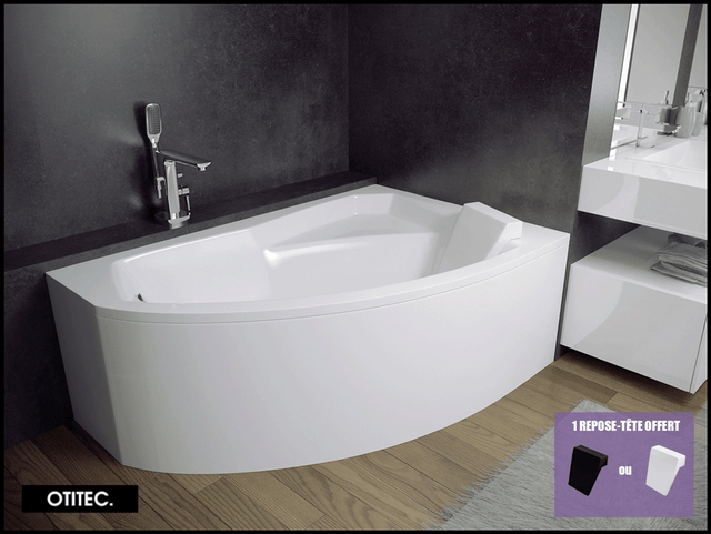 Baignoire Asymétrique avec Tablier - 160 x 100 cm - ARELA - DROITE - avec Repose Tête OFFERT