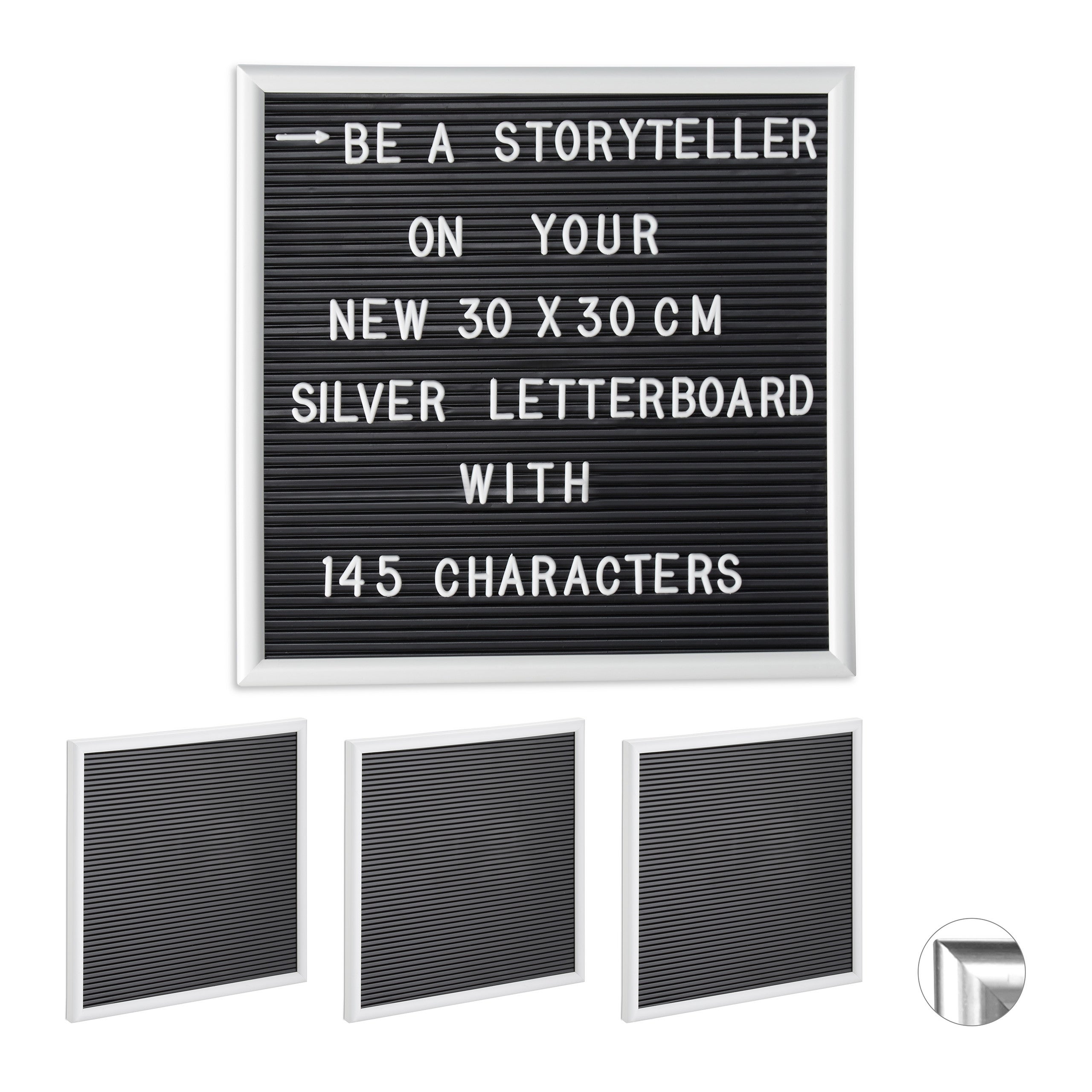 4 letter boards con marco de madera, pizarra 145 letras, números y símbolos, pp y madera, 30 x 30, blanco