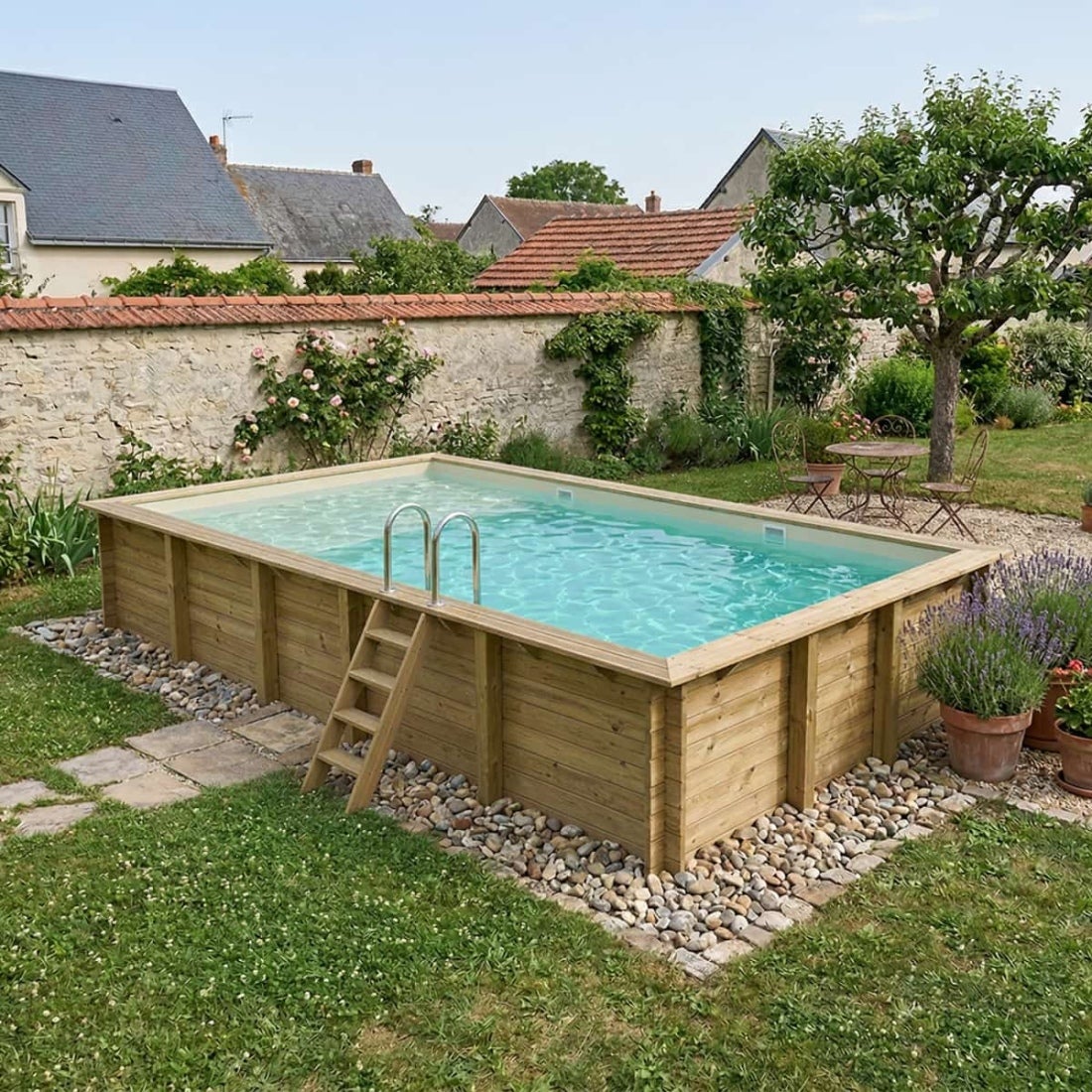 Piscină supraterană din lemn AQUA 10,2 x 5,2 – H. 1,45 m, cu zonă relaxare, nisip și elemente de fixare cu șuruburi – BAS7310OSPL3+PLA310