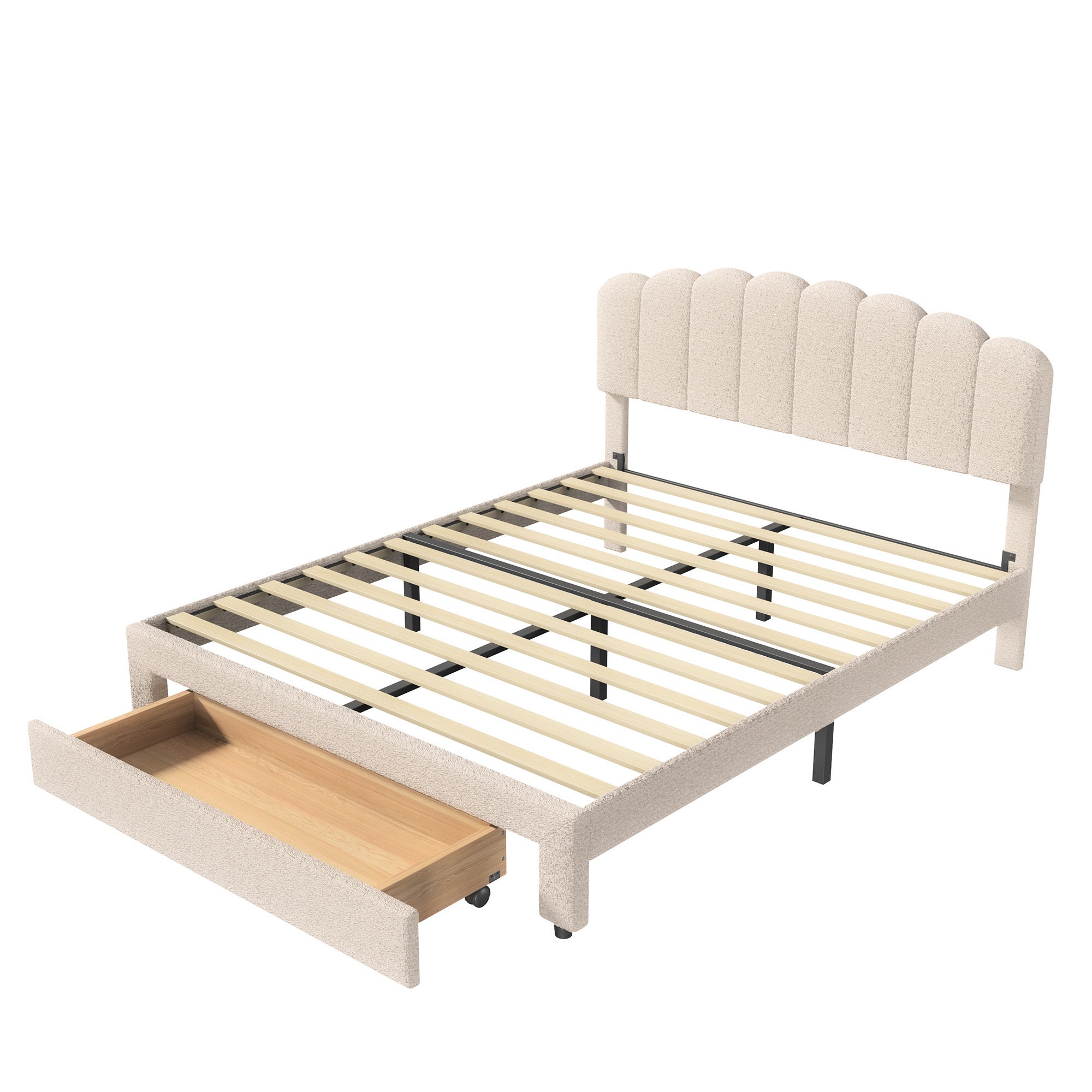 Lit double 140x200cm, cadre de lit avec 1 grand tiroir, sommier à lattes et tête de lit réglable avec port charge, velours teddy, beige - 7