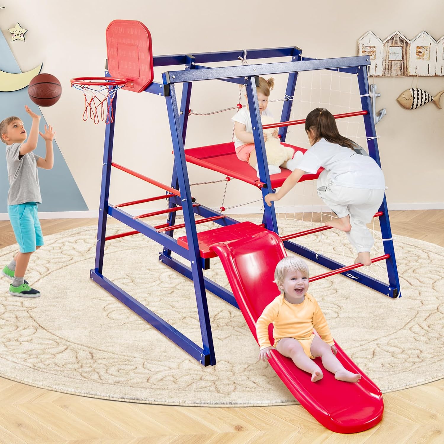 7 en 1 Aire de Jeux d’Escalade Enfant avec Toboggan & Panier de Basketball, Jouet d’Escalade Montessori avec 2 Plateforme - 9