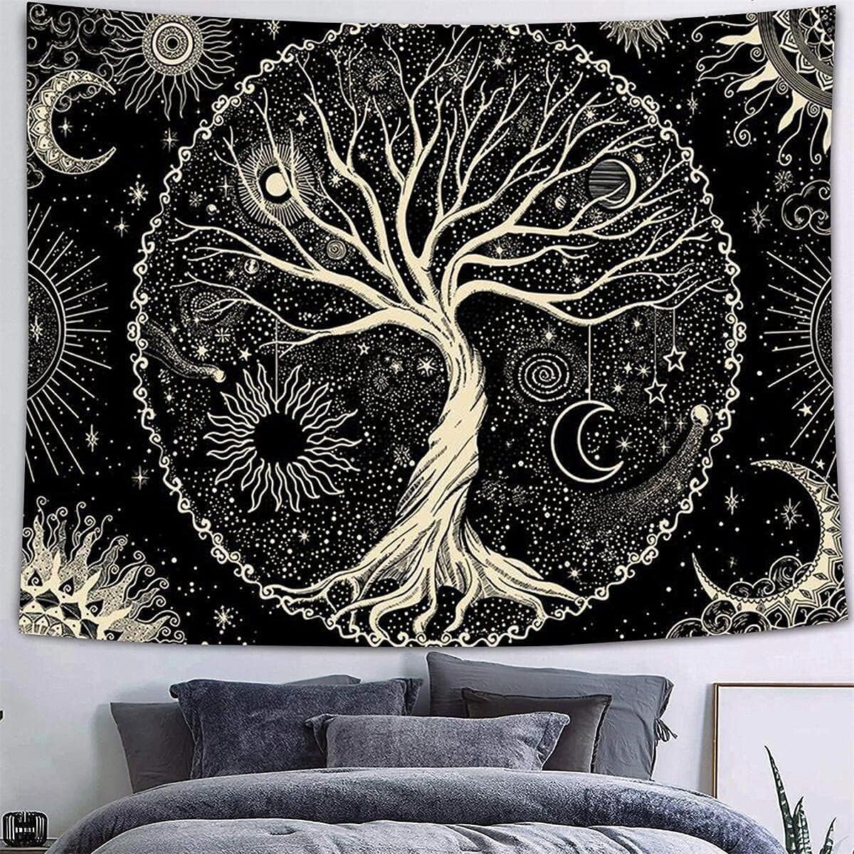 (150x130cm) Gobelin Drzewo Życia, gobelin Księżyc i Słońce, czarno-biała dekoracja ścienna, dywan psychodeliczny, gobelin gotycki