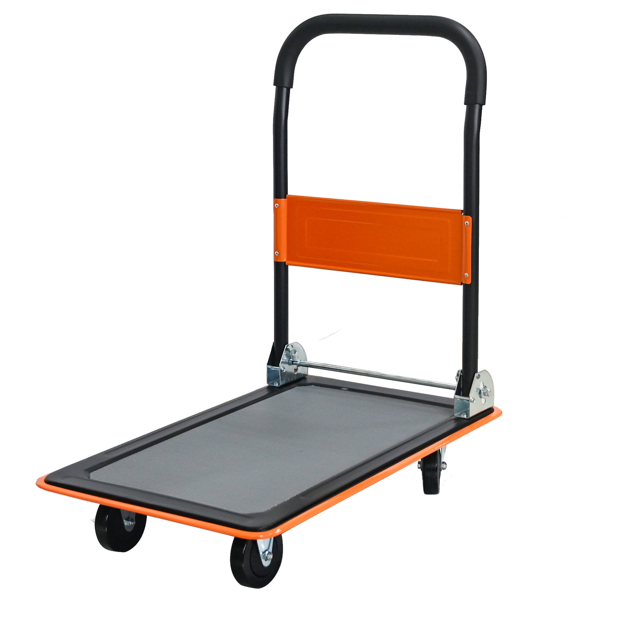 Platforma pliabila troleu portocaliu, capacitate 150 kg, role pivotante 360, roti rotative 360, cu detalii funcționale pentru utilizare zilnică