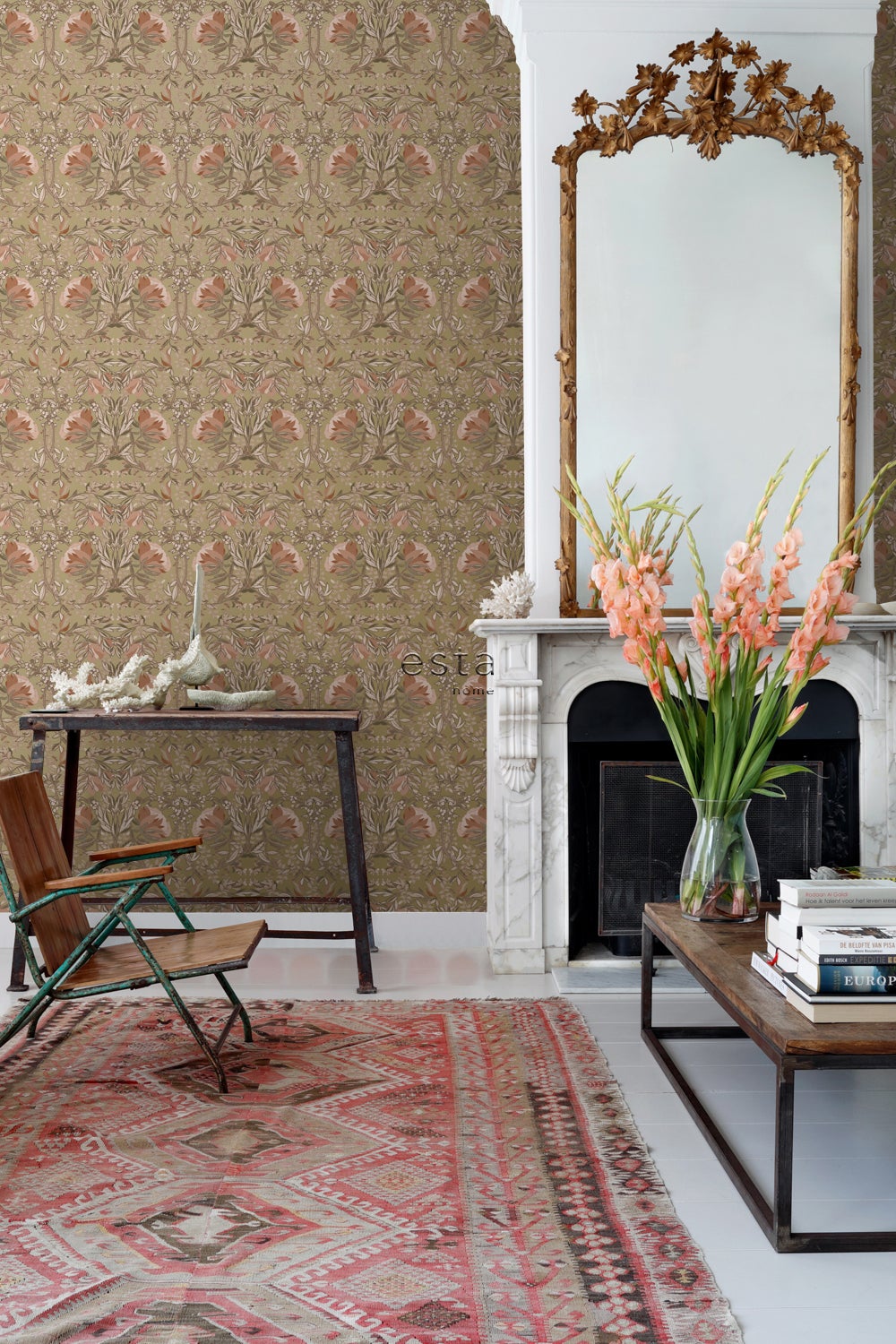 Papier peint fleurs vintage de style art nouveau or et rose terracotta - 53 cm x 10.05 m - ESTAhome - 6