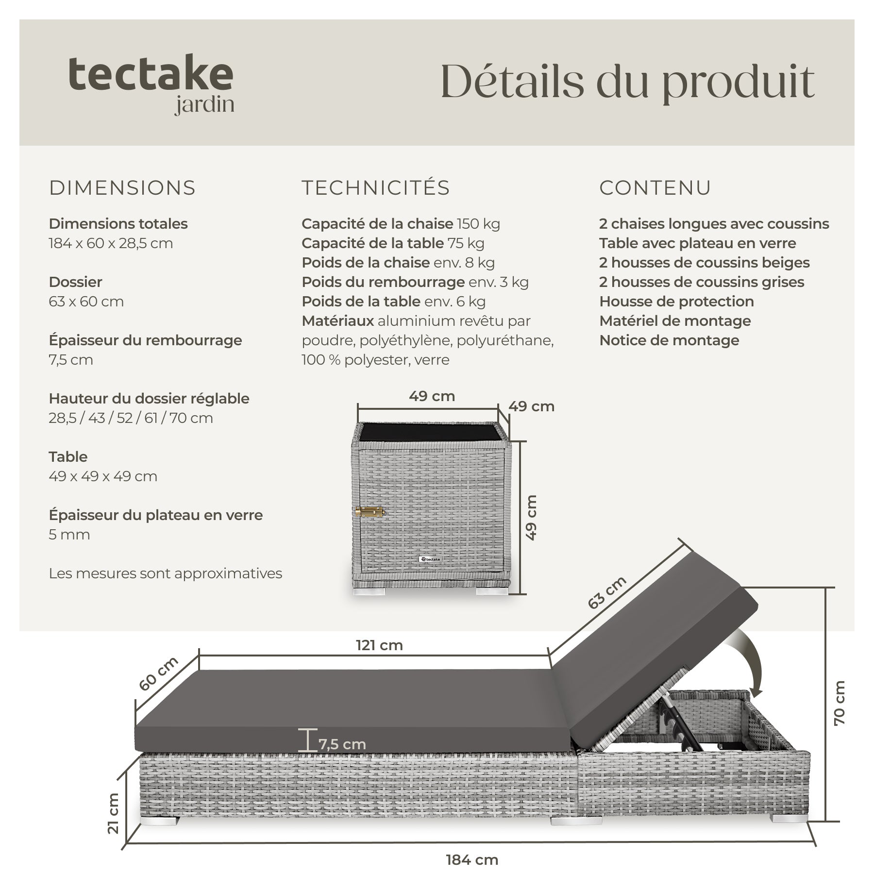 TECTAKE 2 espreguiçadeiras de rattan de alumínio Resistente às intempéries - 6