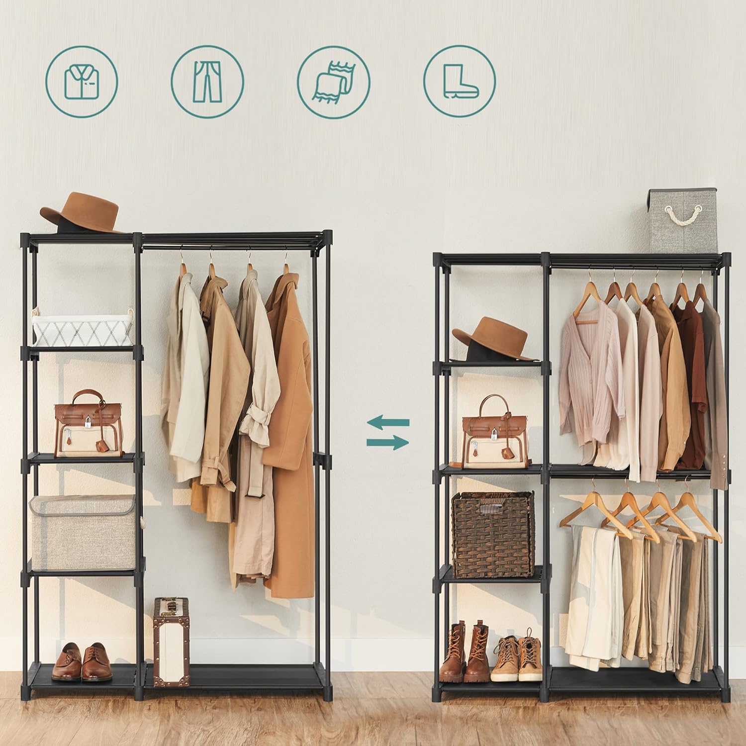 SONGMICS Armoire de Rangement, Penderie Pliable, Dressing, Armoire Métallique, avec Barres de Suspension, Porte-vêtements, 112 x 43 x 165 cm, Noir - 2