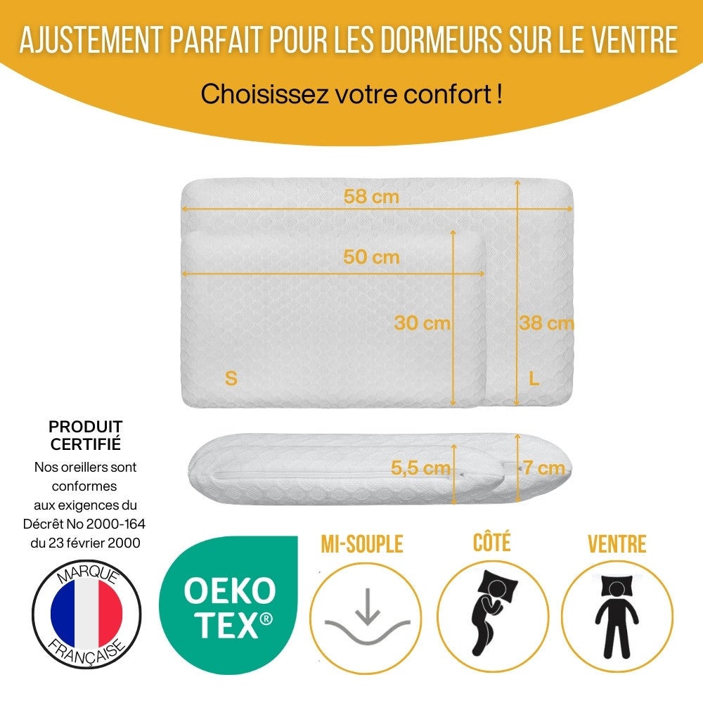 Oreiller EXTRA PLAT pour Personnes qui Dorment sur le Ventre S – 50x30x5,5 - Taie d'Oreiller en Bambou INPHYSIO - 5