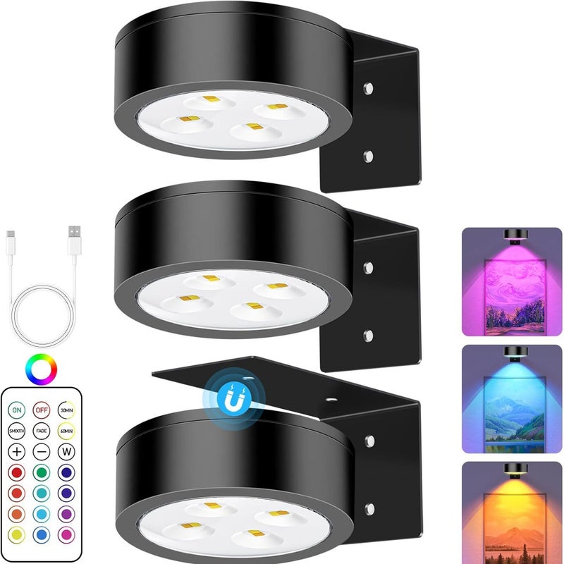 Zestaw 3 bezprzewodowych lampek LED do oświetlenia obrazów, czarnych i RGB