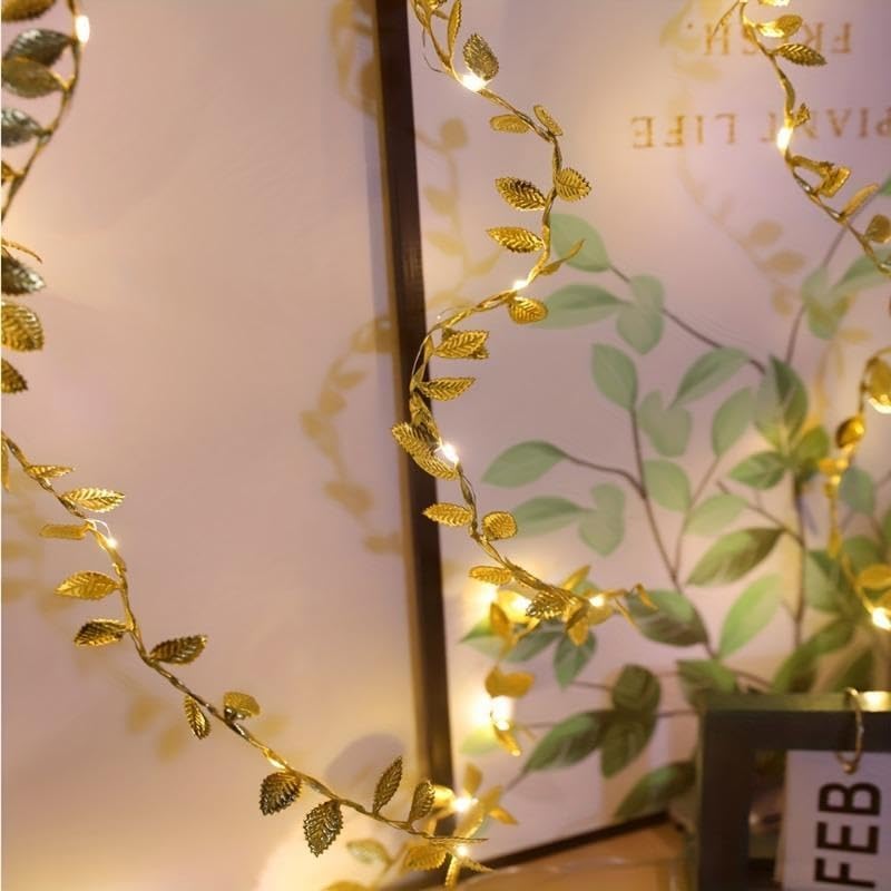 Guirlande lumineuse feuille d'or - 5 mètres, 50 LED - Fonctionne avec piles - Décoration d'automne - Lumière blanche chaude - 7