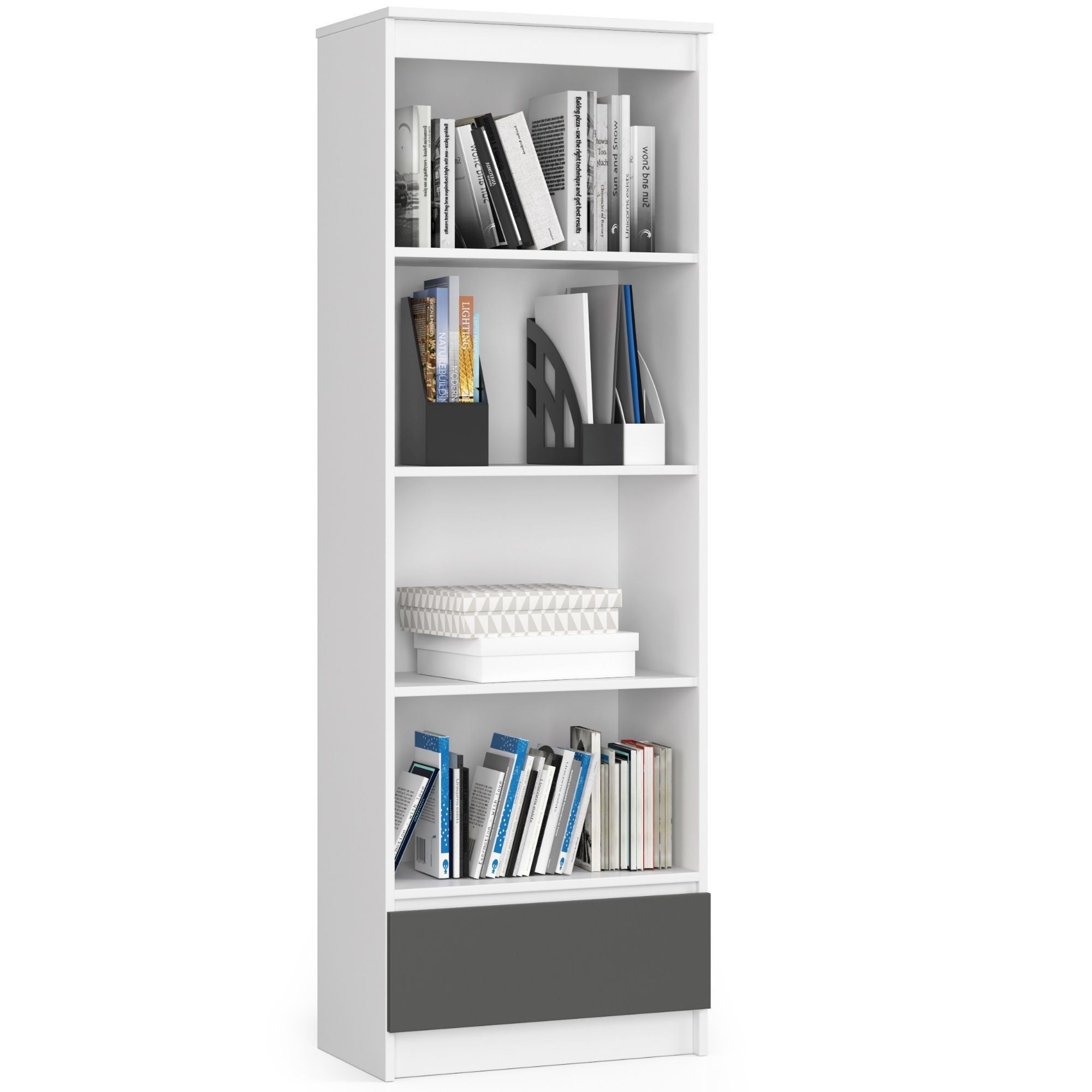 Regał AKORD R60 Biały 60 cm 1 szuflada kolor Grafit Szary mat 4 półki 60x35x180 cm