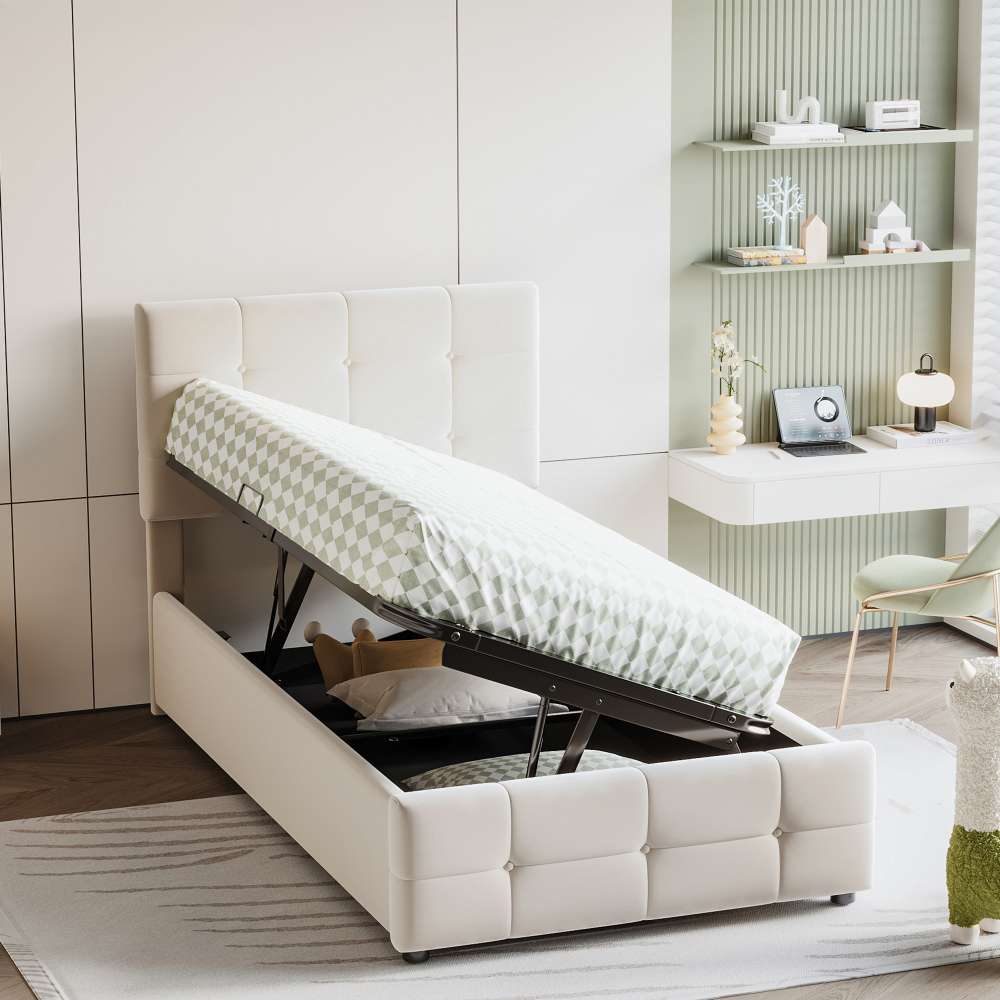 Letto per bambini 90x200 con contenitore idraulico, testiera regolabile, letto box alto in morbido velluto. - 2