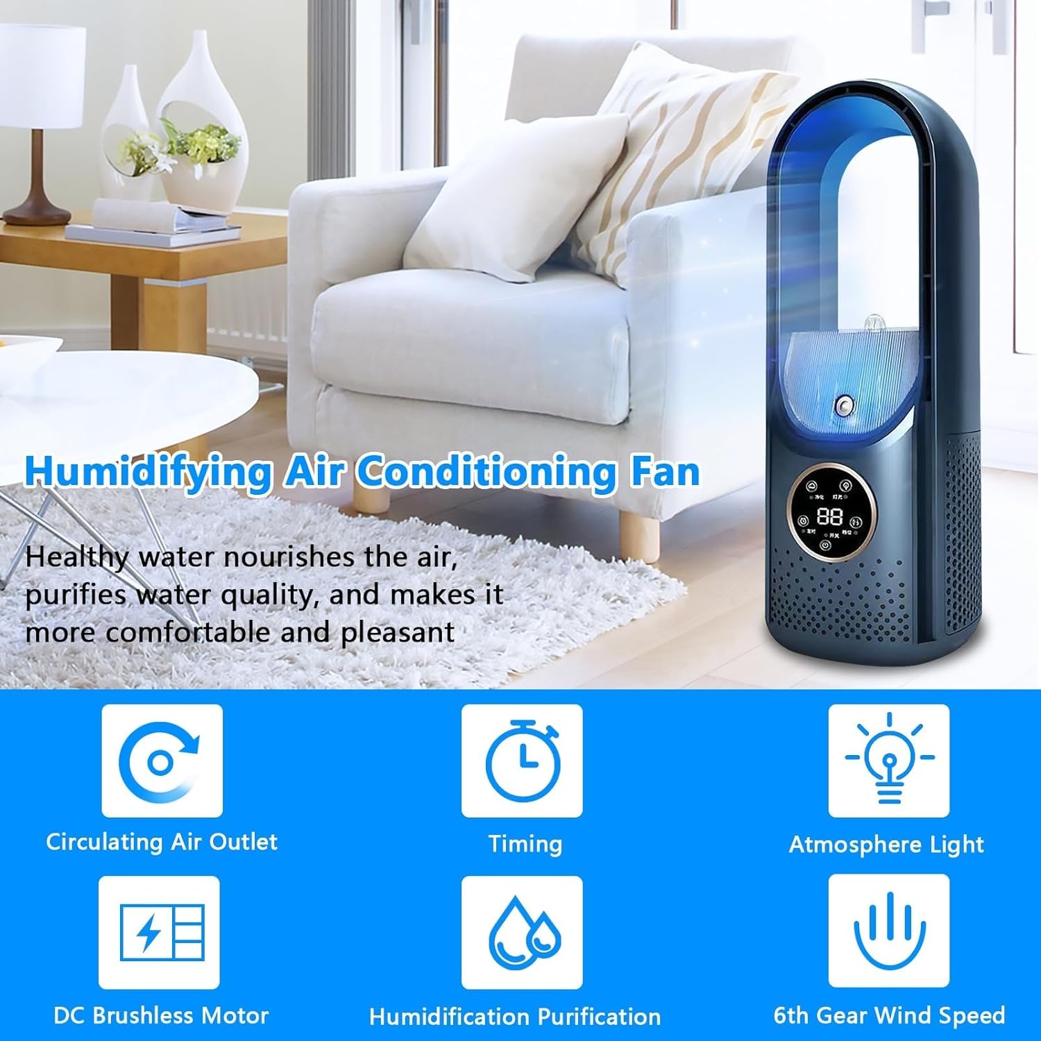 Refroidisseur d'air de chambre à coucher, Ventilateur de camping, refroidissement/humidification de l'air, trois modes, 6 vitesses de vent，blue - 2