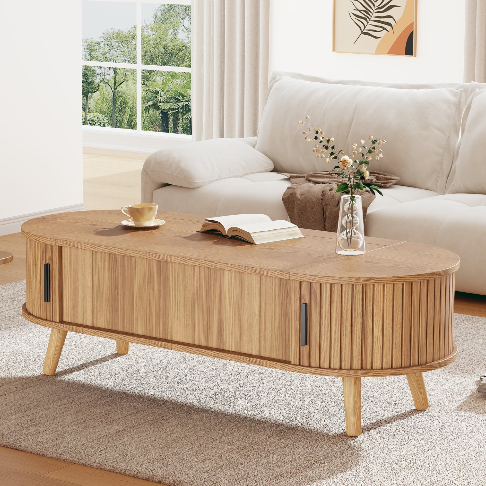 Table basse relevable 120x50x39.5 cm - 2 portes - Rangements cachés - Pieds en bois massif - Naturel - 3