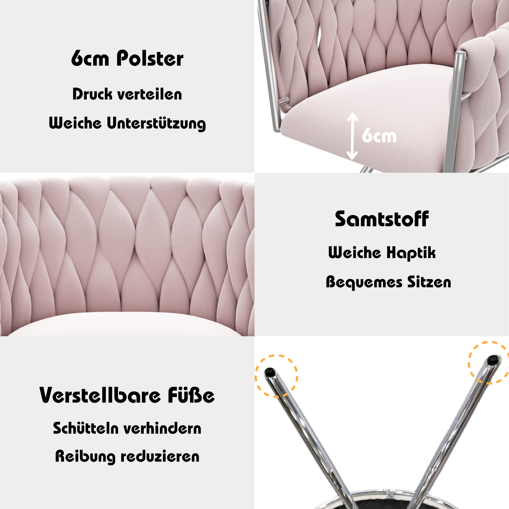 Fotel obrotowy do sypialni z podłokietnikami - 59 x 54 x 72 cm - Aksamit i metalowe nogi - Różowy - 5