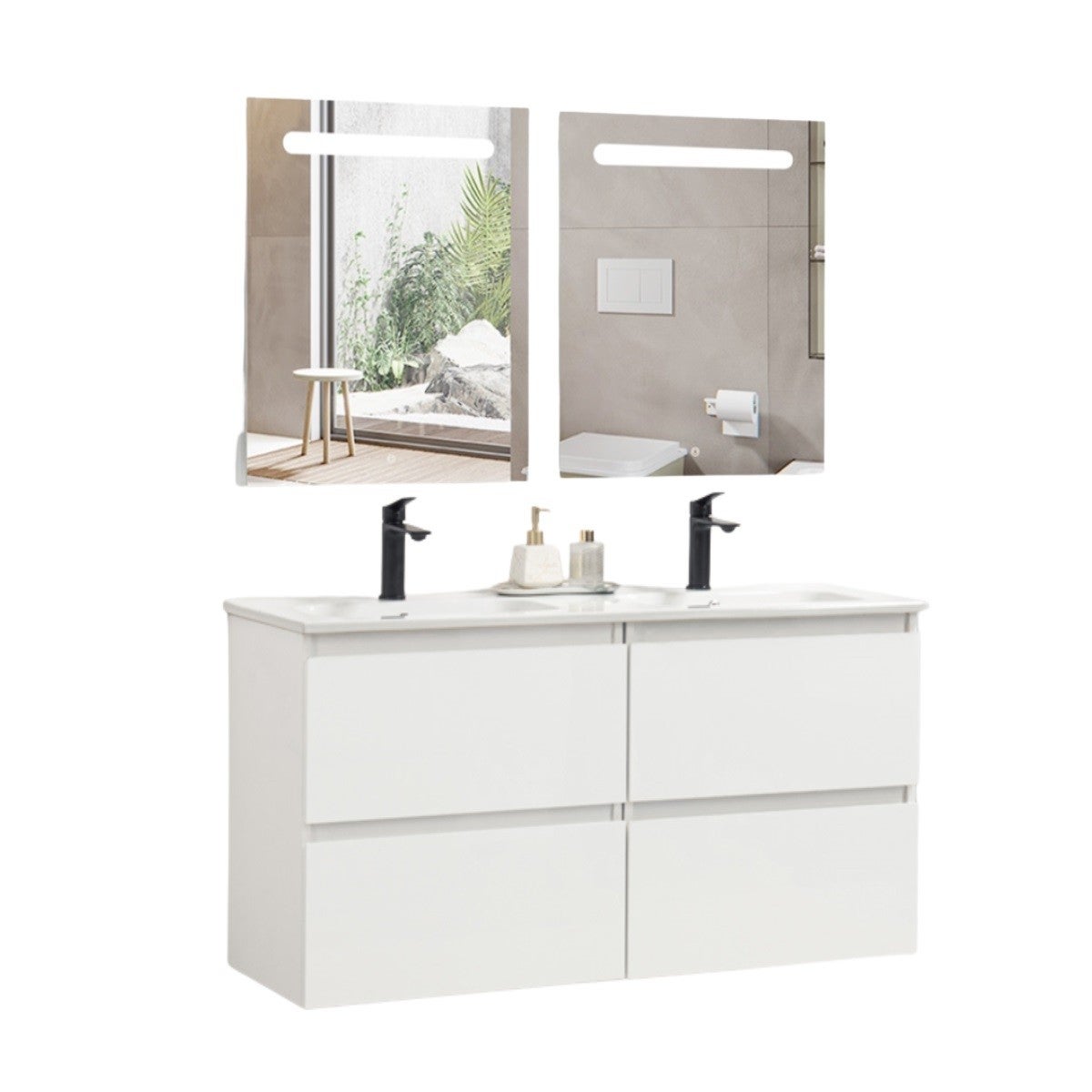 154 Rima Pack Meuble prémonté 120 blanc-Vasque résine-Robinets noir-Miroirs RIMA ...