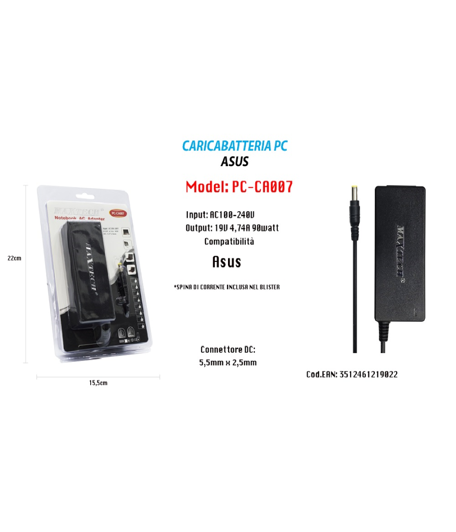 Carica batterie con adattatore compatibile con portatile Acer Aspire