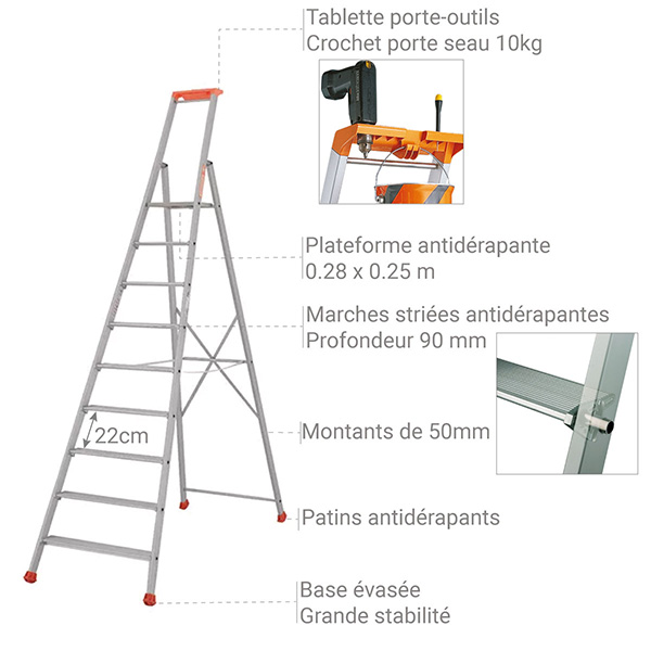 Escabeau 9 marches - Hauteur de travail max. 3,98m - 2370009R - 3