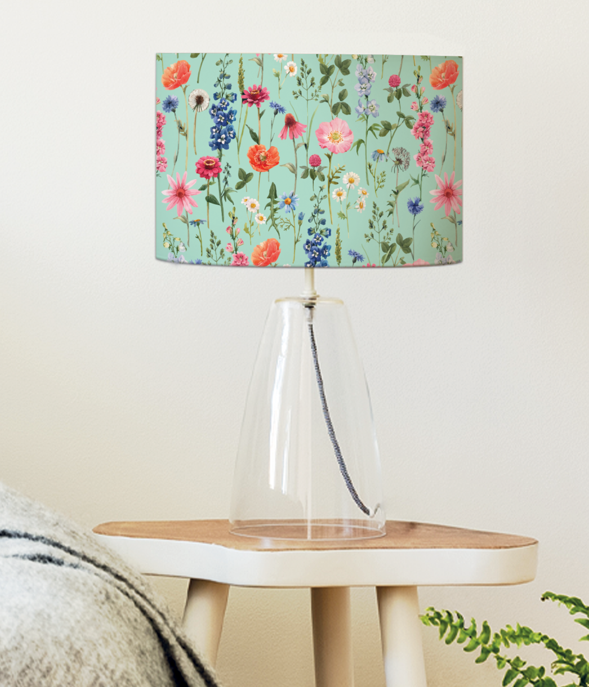 Lampe De Chevet Faïence Multicolore - Pied Fleurs + Abat-jour, Style Classique