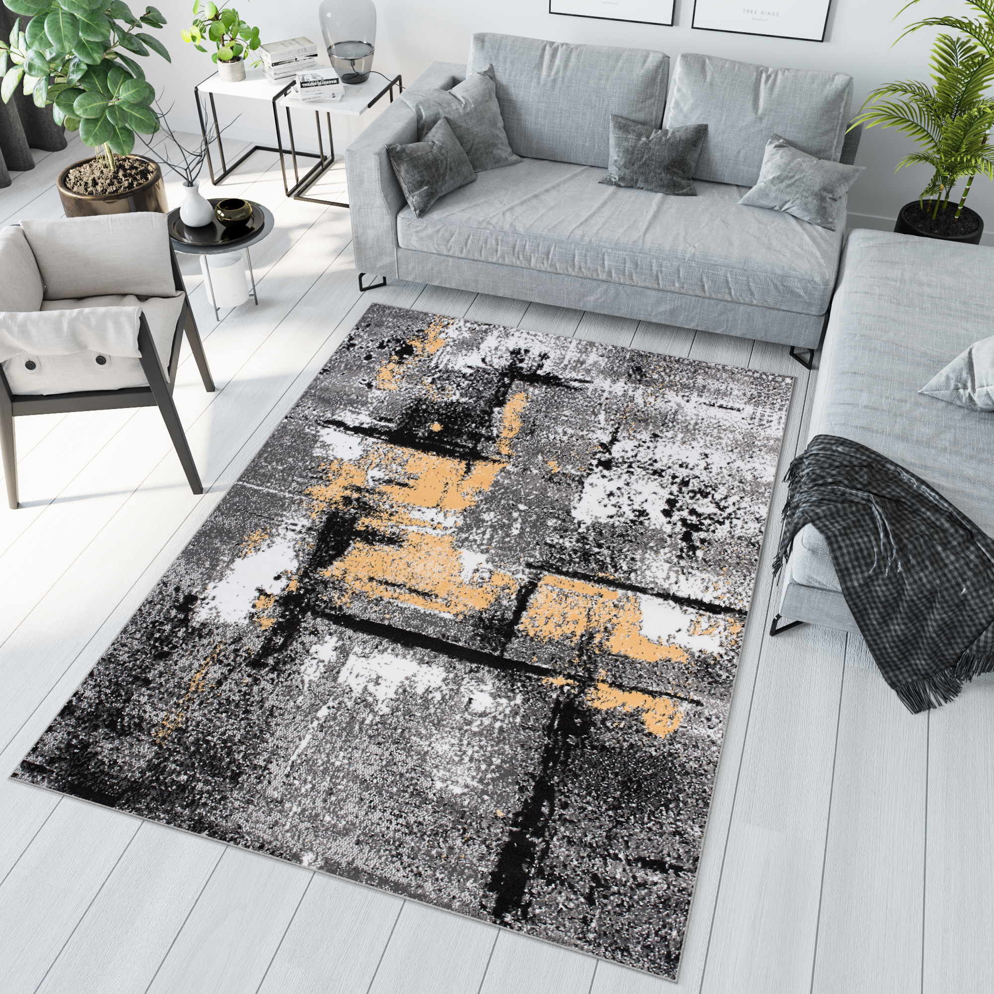 Tapiso maya alfombra de salón comedor juvenil diseño moderno blanco amarillo gris negro moteado delgada 140 x 200 cm