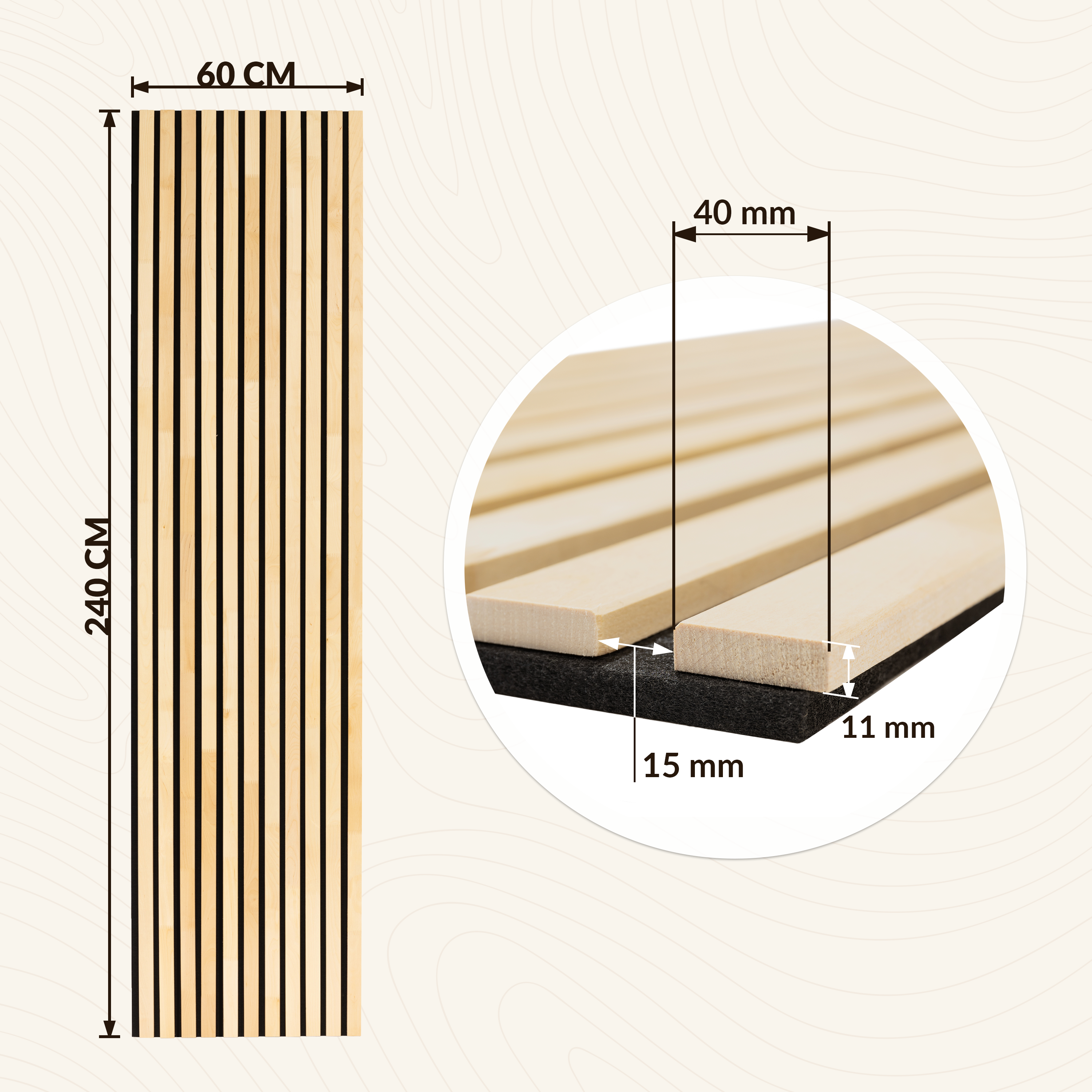 Lot de 2 Panneau Tasseau Acoustique en Bois - Bois de Bouleau Massif - 2400x600mm - Lattes 40mm, Support en Feutre Noir - 2