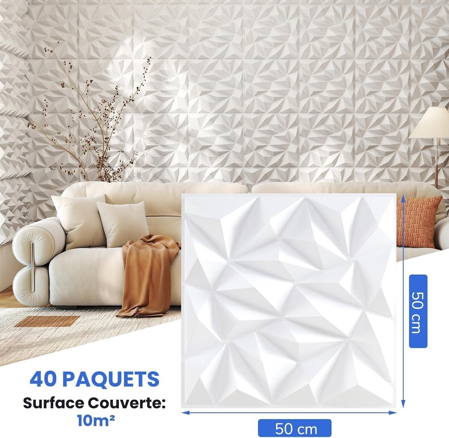 40x/10m² Panele Ścienne 3D, Okładzina Ścienna z Kwadratowych Paneli Wewnętrznych 50x50 cm z PVC, Ognioodporna z Akcentem Diamentowym do Wycinania - 3