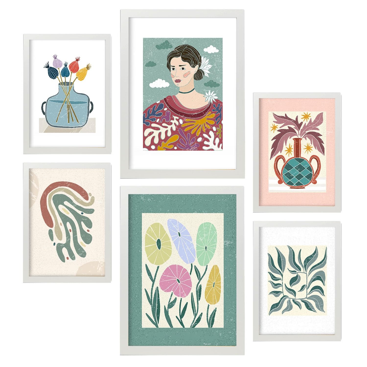 Nacnic set 6 laminas de blossom de étnico cuadros decorativos estéticos para su sala de estar dormitorio hogar impresión a4 y a3 con marcos blanco