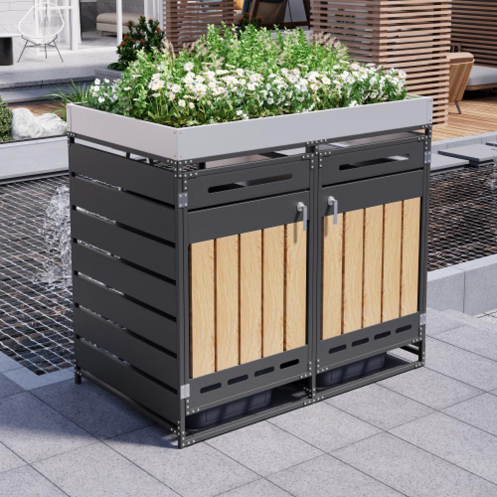 Cobertizo para cubos con jardinera, paneles efecto madera vertical, ventilación ranurada, armario metálico con cerradura