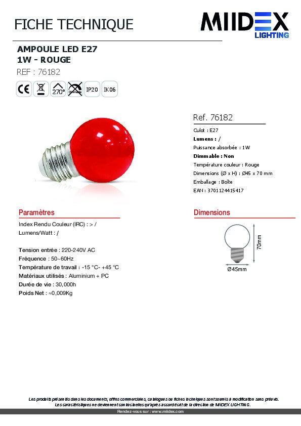 Ampoule LED E27 Rouge – 1W – Globe G45 – Éclairage décoratif – 270° - 6