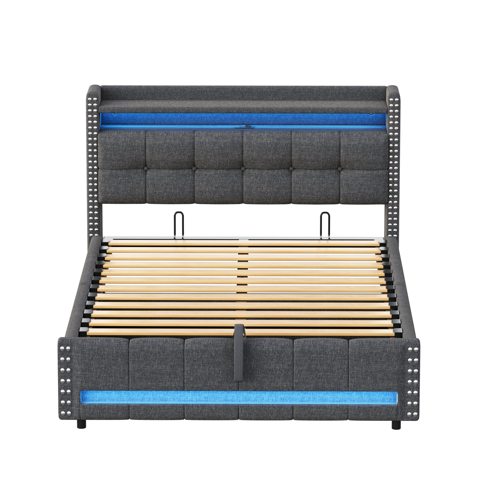 Cama con almacenaje de lino 140x200 cm - con LED y toma USB - con somier - Gris - 6