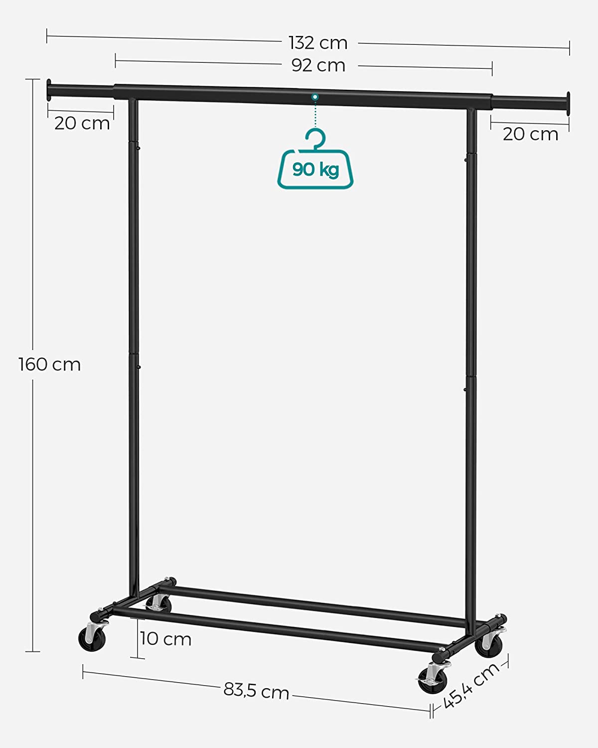 SONGMICS Portant à Vêtements avec Roulettes, Lot de 2, Tringle Extensible pour Charge Lourde, Porte-manteau, Rangement, Capacité de Charge 90 kg, Noir - 5