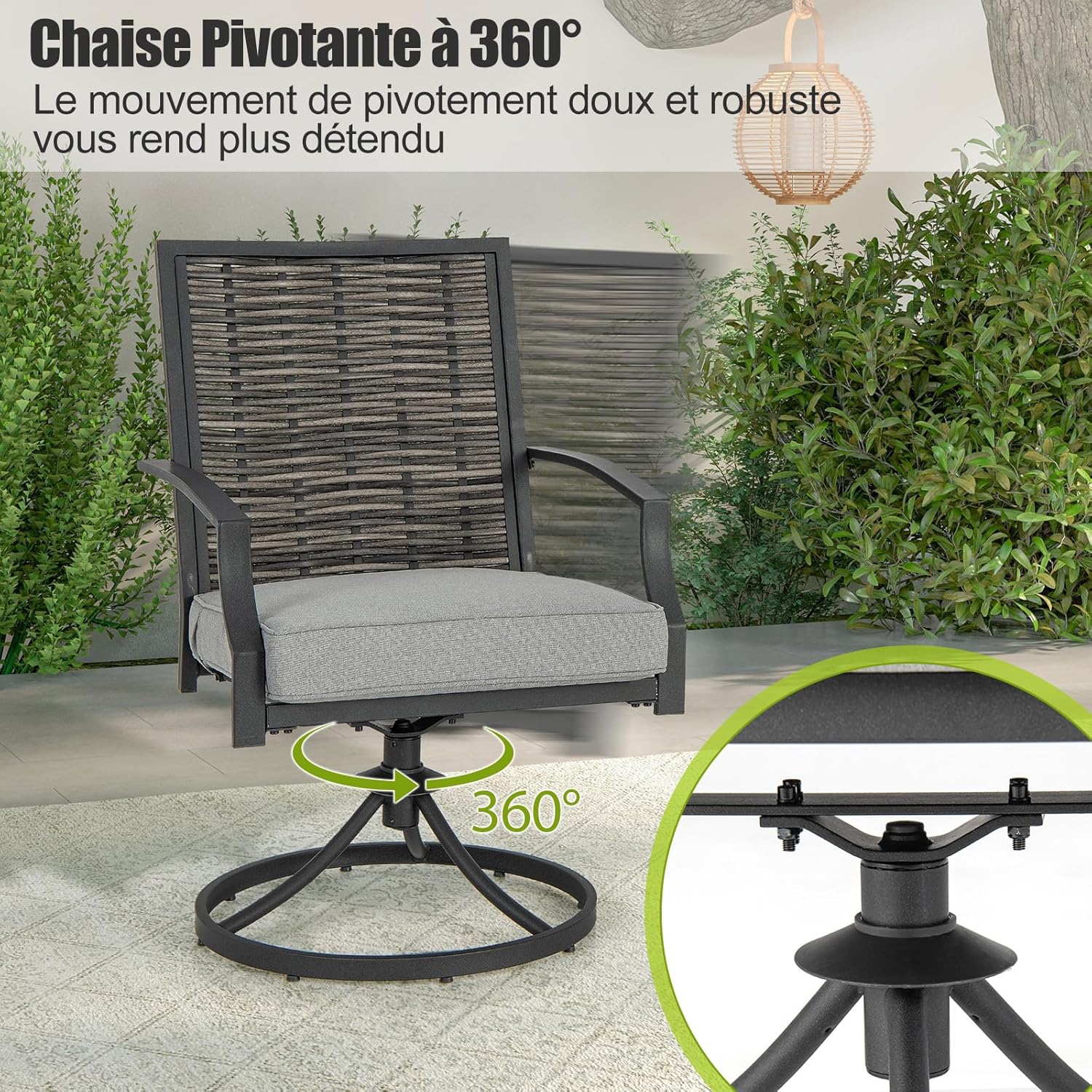 Set Salotto da Giardino in Rattan PE, Set da Esterno con 2 Poltrone Girevoli, 2 Cuscini e Tavolo, Set Attedo Giardino Struttura in Ferro, per - 4