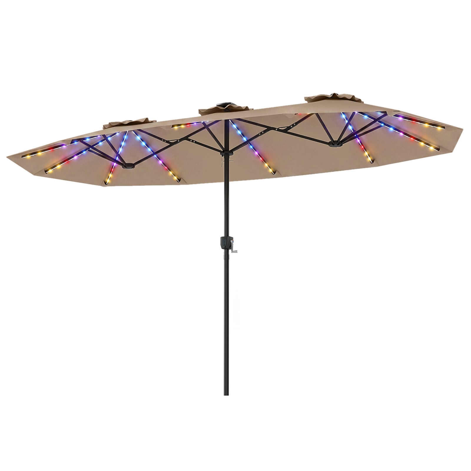 Umbrelă de grădină dublă 400 x 210 cm, umbrelă mare dreptunghiulară cu LED, manivelă practică, stâlp metalic ventilat, structură 12 nervuri, maro