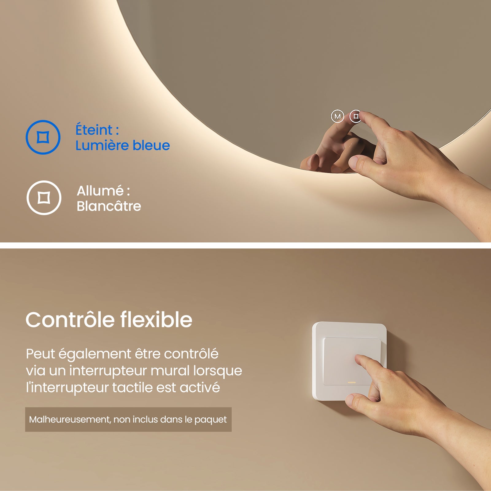 EMKE Miroir de Salle de Bain LED Rond Ø 80 cm, Sans Cadre, 3 Couleurs, Intensité Réglable, Design Épuré - 2