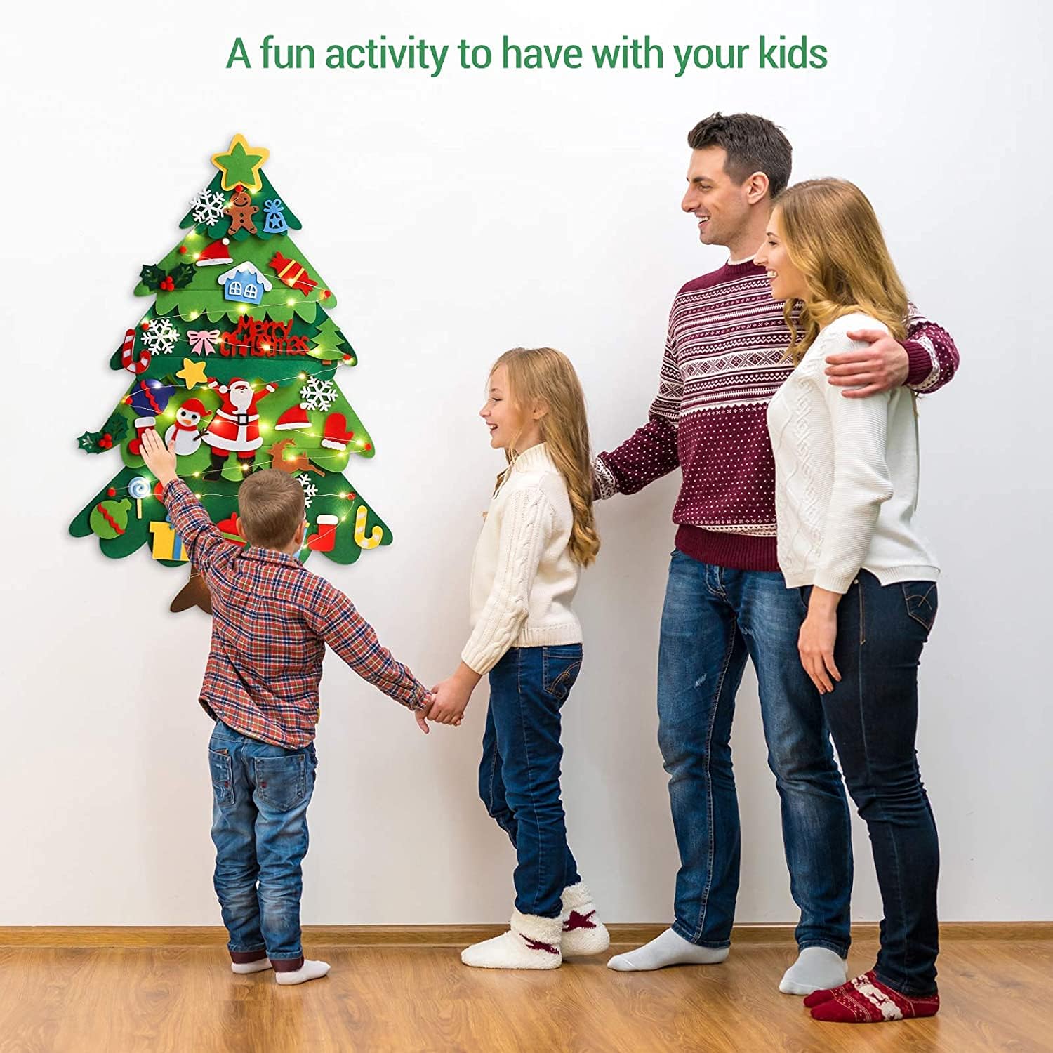 Albero di Natale con luci a LED, albero di Natale fai da te in feltro con 32 ornamenti rimovibili, decorazioni artigianali natalizie, 100 cm - 7