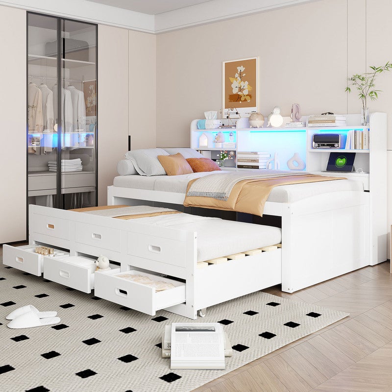 Sofa rozkładana 90x200 cm - z oświetleniem LED - 3 szuflady - z USB + Type-C - biała (materac nie wchodzi w skład zestawu)