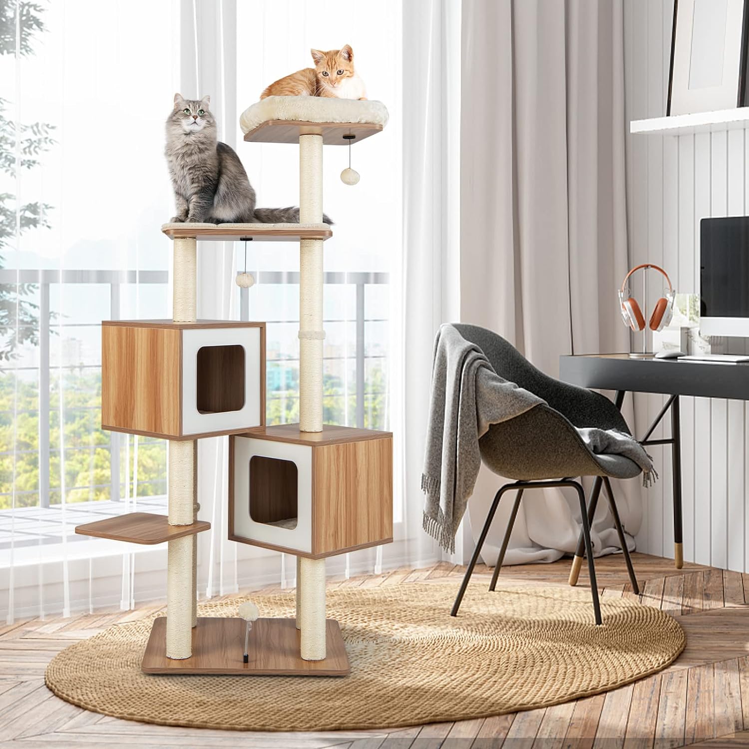 Árbol para gatos de madera de 163 cm, 6 niveles, con plataformas, compartimentos, cojines cómodos, postes de sisal, pelotas, color natural - 8