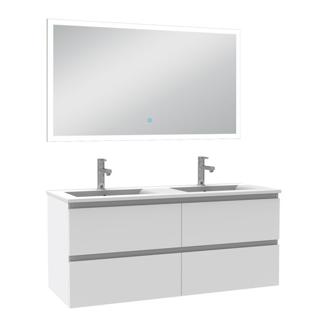 Ensemble meubles salle de bain 3pcs 120cm double vasque + miroir Blanc, OCEAN