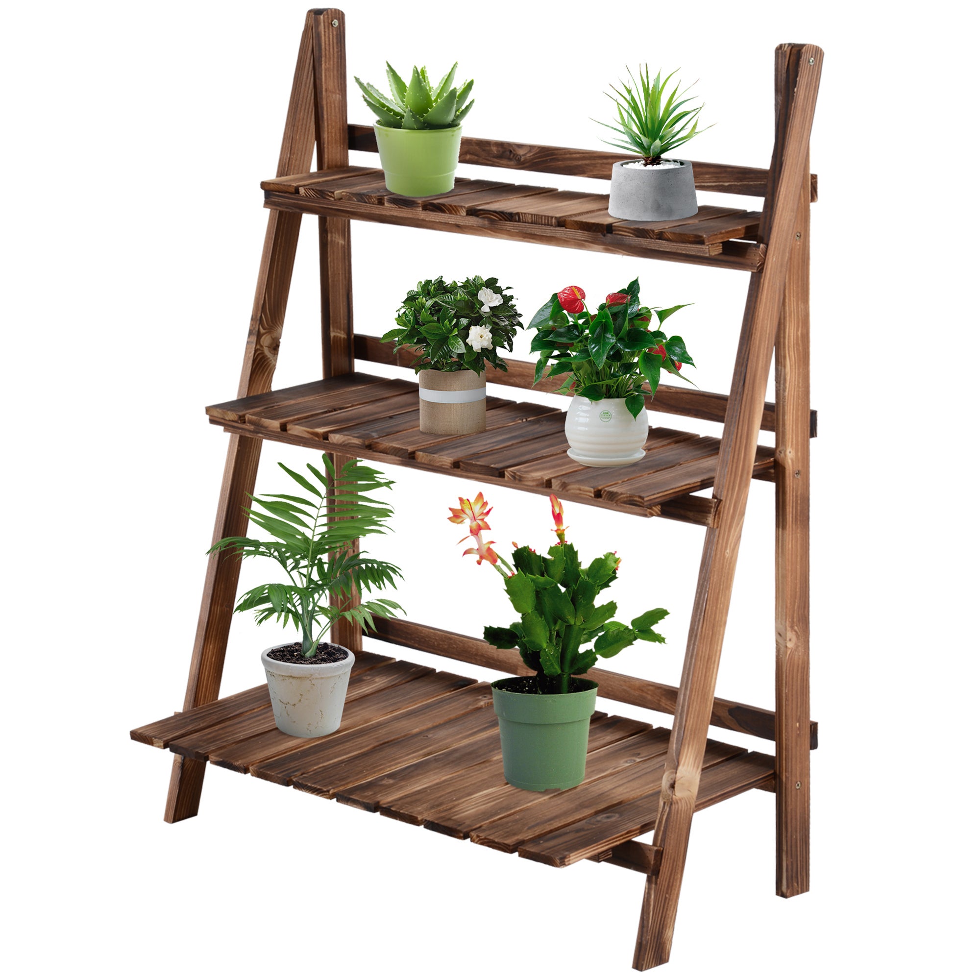 Support pliable en bois pour pots de fleurs, étagère de rangement à 3 niveaux pour jardinières, support pour herbes aromatiques (80L x 37l x 93H cm) - 2