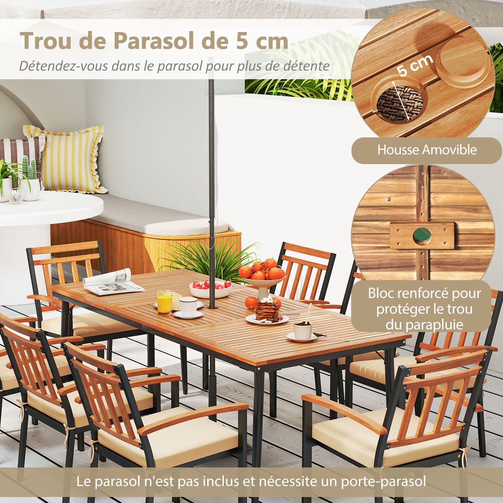 Table à Manger Extérieur en Bois d'Acacia Certifié FSC pour 8 Personnes, Table 200x90 cm avec Trou pour Parasol 5 cm, Pied en Métal 3 - 5