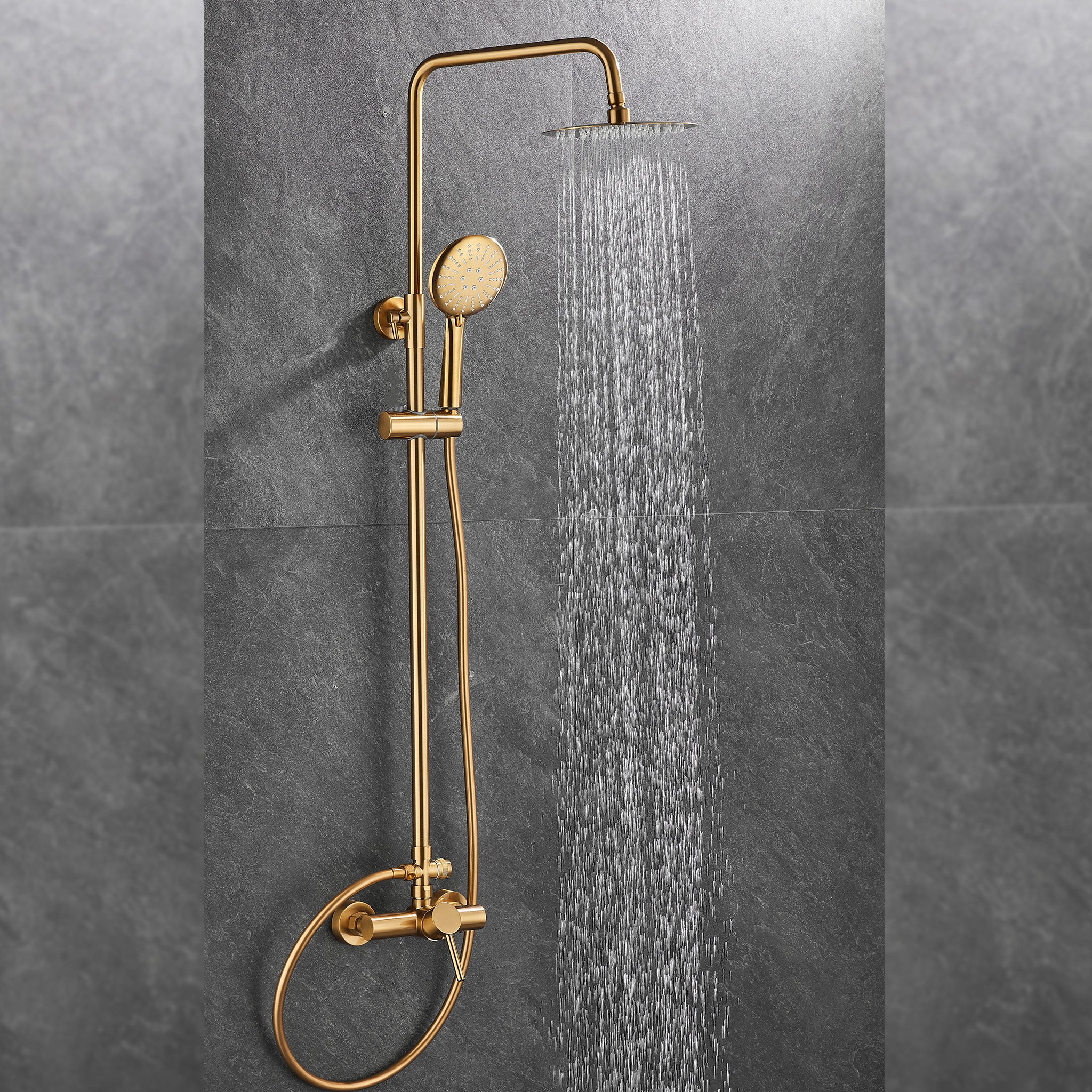 Valaz Barra de chuveiro redonda com alavanca única ajustável até 120 cm, ouro escovado - Série Ebro - 25 cm - 3