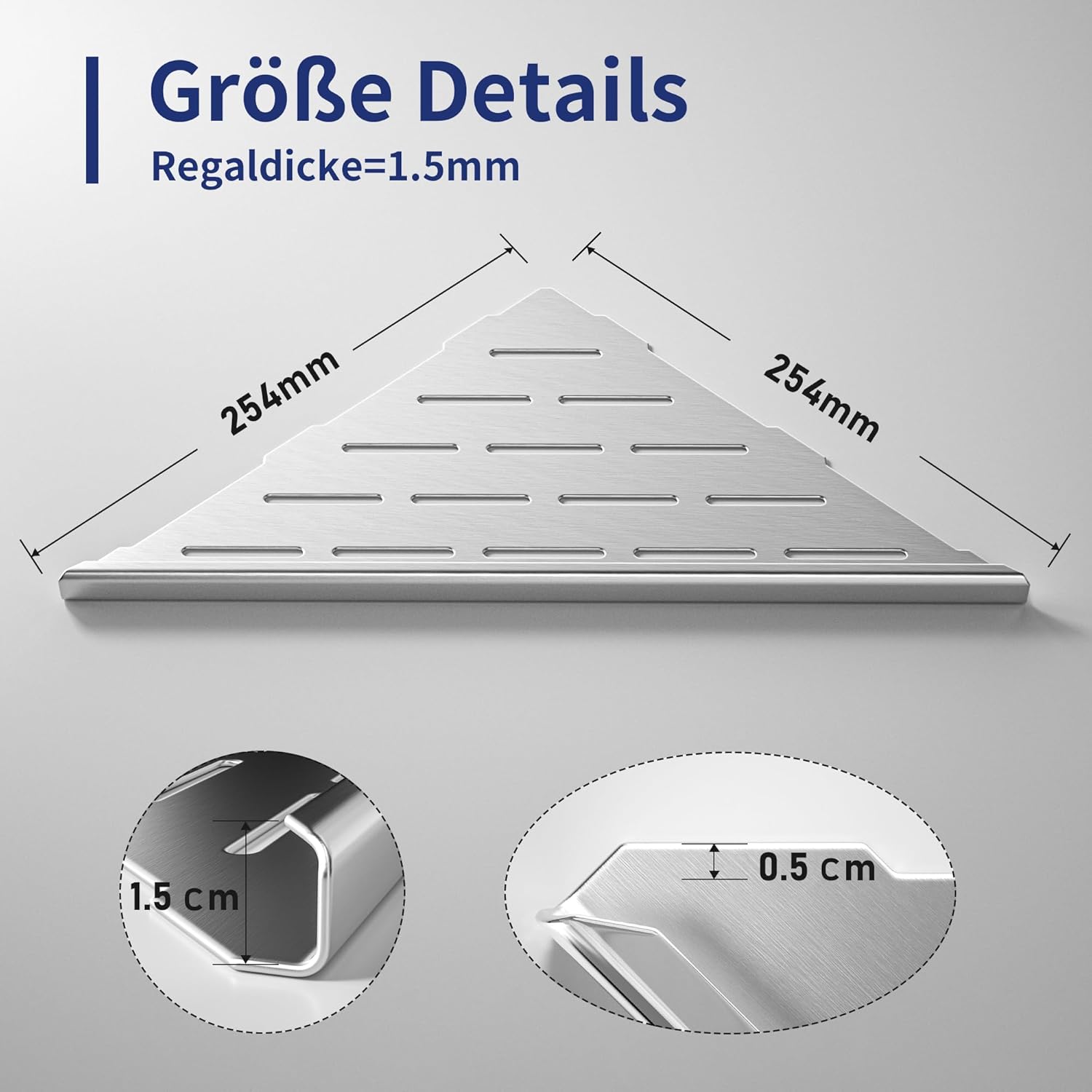 Lot 2 étagères d'angle pour douche en acier inox 304, pour carrelage, niche, rénovation salle de bain (brossé, 254 mm). - 7