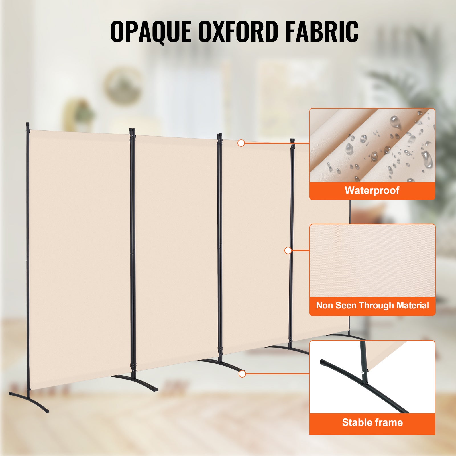 Paravent Multifonctionnel VEVOR 4 Panneaux,Cloison Séparatrice 346,4 x 184 cm,Pliable,Brise-vue Bureau,Chambre,Salon,Beige - 3