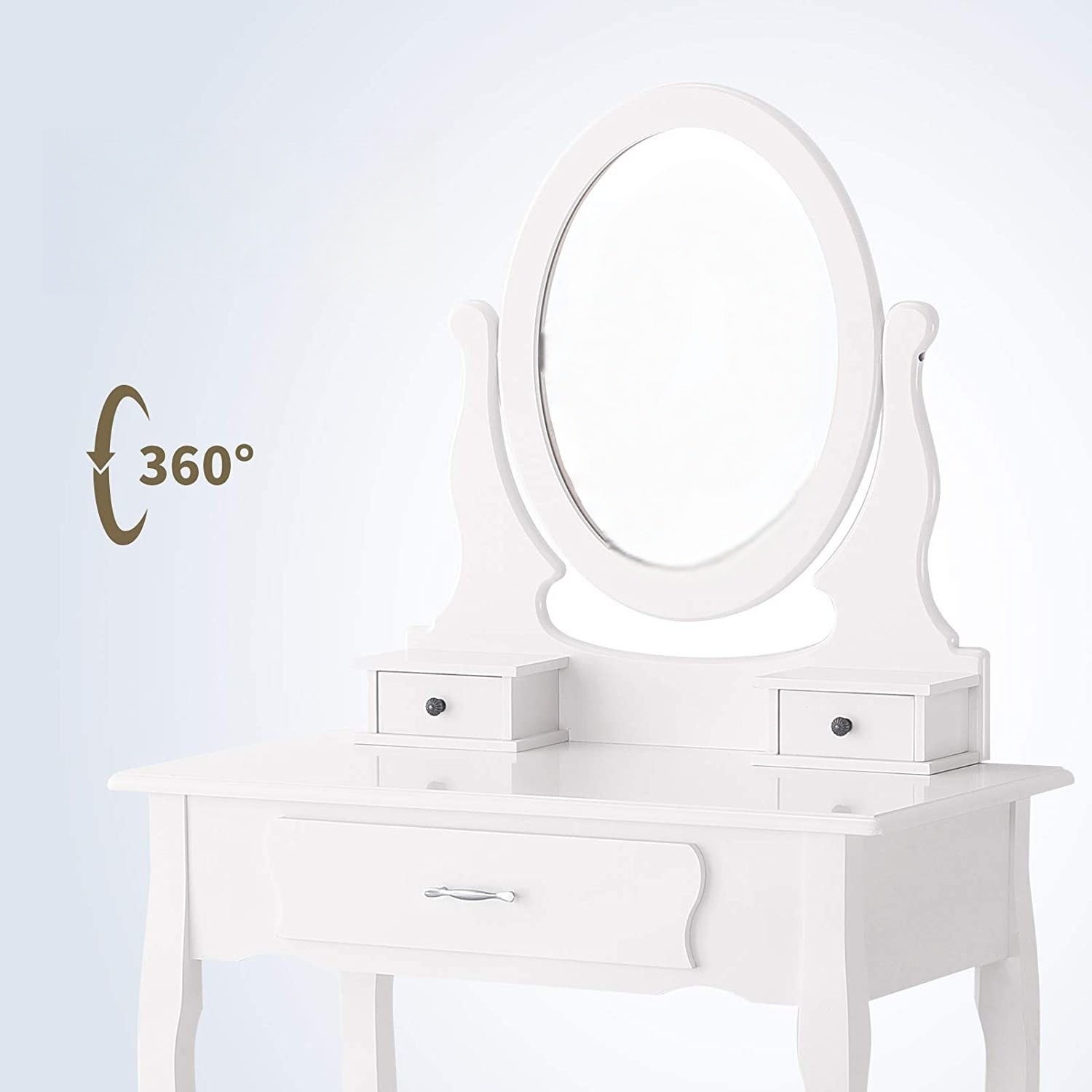 Coiffeuse avec miroir à 360°, 3 tiroirs, 1 tabouret rembourré, miroir amovible, MDF, 40x75x136 cm, style Scandinave - blanc - 3