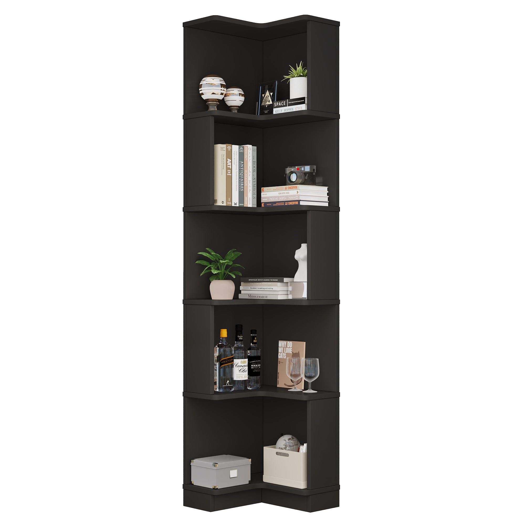 Libreria angolare con 5 ripiani - 63,5 x 45 x 175 cm - MDF - LED cambia colore - Nero - 8
