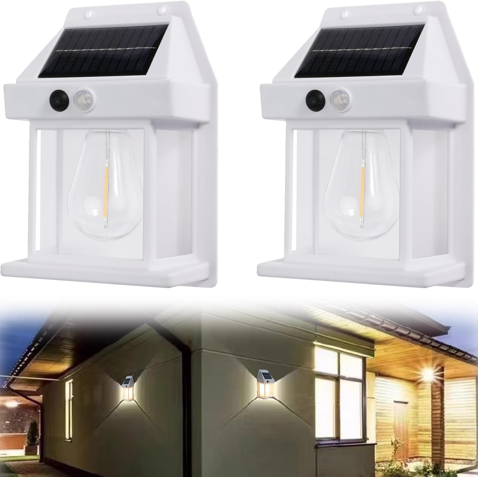 Zewnętrzna solarna lampa ścienna z wolframu, z czujnikiem ruchu i 3 trybami oświetlenia, oprawa zewnętrzna, kinkiet, 2 szt.