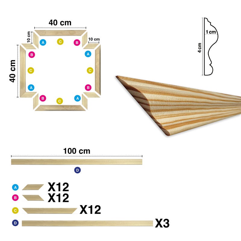 Kit de 3 moulures murales en bois - Pin des Landes - Cimaises, prêtes à coller et peindre - Ambre - 3 mètres - Fabrication française - 4