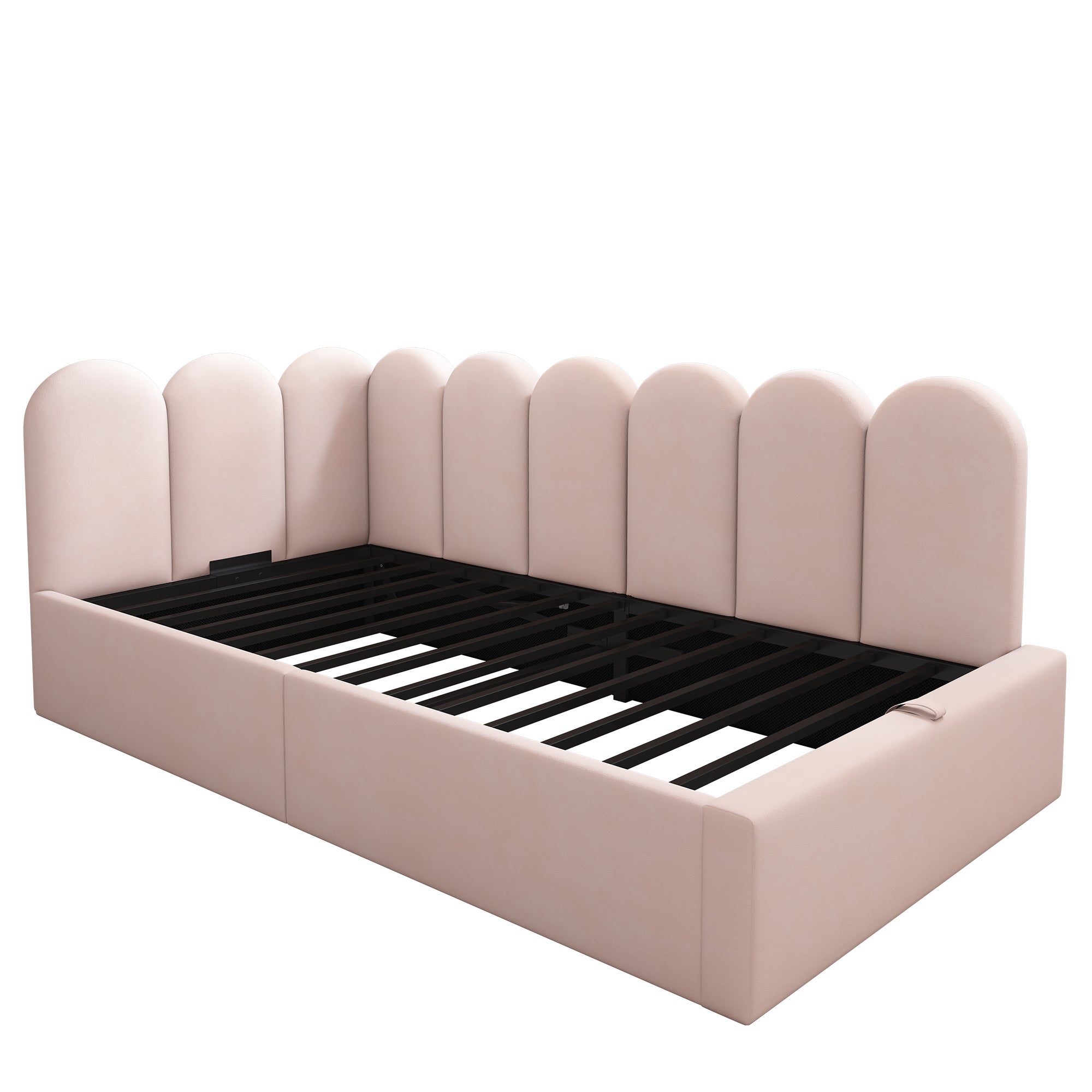 Łóżko ze schowkiem 90 x 190 cm z wezgłowiem i oparciem, sofa rozkładana - Aksamit - Stelaż metalowy - Różowy (bez materaca) - 9