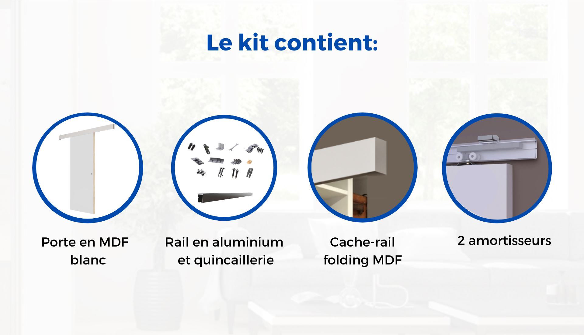 Kit porte coulissante - Blanc - rail 2 amortisseurs + cache rail blanc - H 204 x L 83 cm - 3