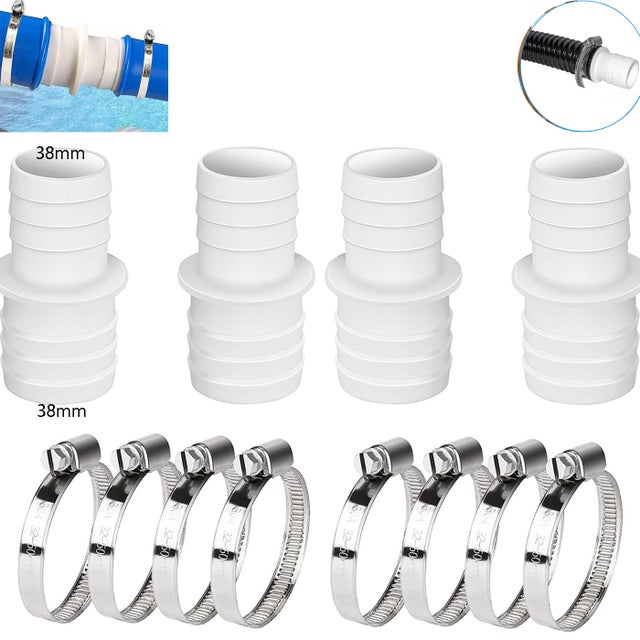 4 raccords de tuyau Ø 38 mm + 8 colliers de serrage universels en acier inoxydable - adaptateur de tuyau double pour piscines