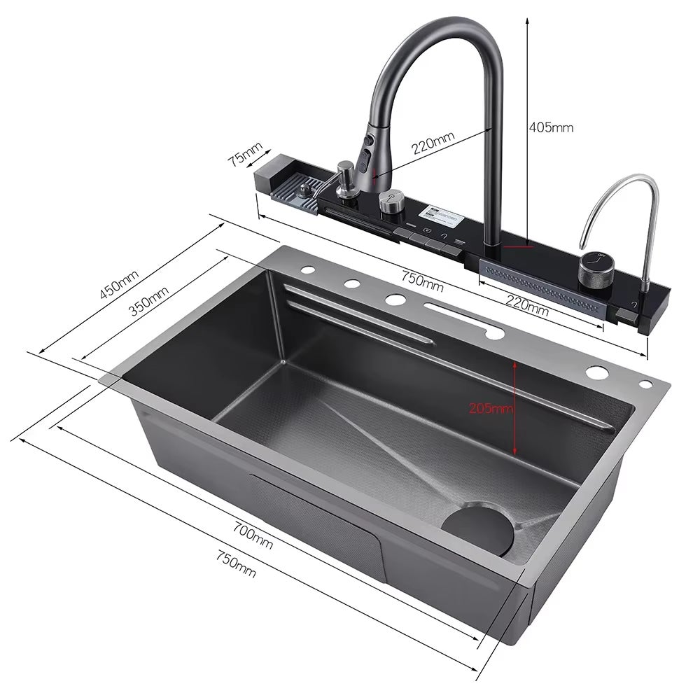 Set lavello da cucina con display digitale intelligente, purificatore d'acqua a cascata, distributore di sapone, lavabicchieri - 6